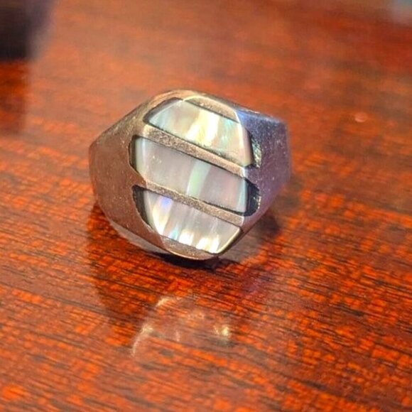 Vintage Mexican Sterling Silver Abalone Inlay Ring Flat Boho Unisex Size 12.5 - Picture 1 of 11